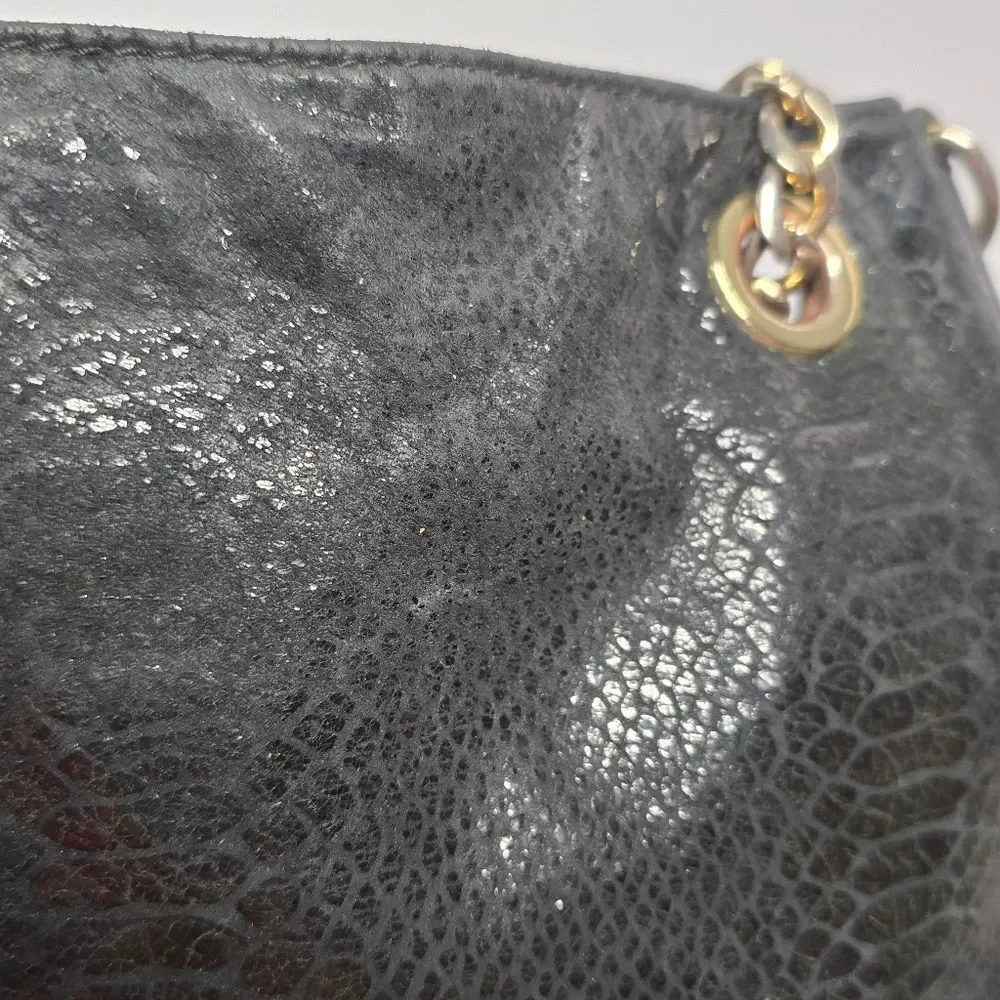 Michael Kors Python Snakeskin Embossed Leather Black Chain Hand Bag Boho Chic